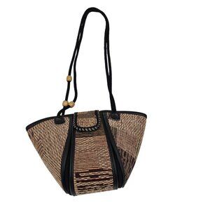 Brown Geometric Tweed Shoulder Bag 11x8in With Black Rope Strap Wooden Beads